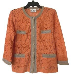 Línea by Louis Del Olio Vintage Coral Sheer Floral Lace Button Front Blouse SM